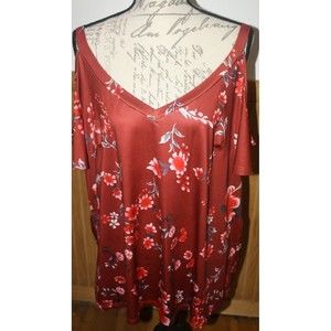 Women's Burnt Orange Floral Print Cold Shoulder SS Top Sz 3X Blouse Pullover EUC
